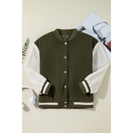 Mist Green Corduroy Fleece Patchwork Buttoned Bomber Jacket