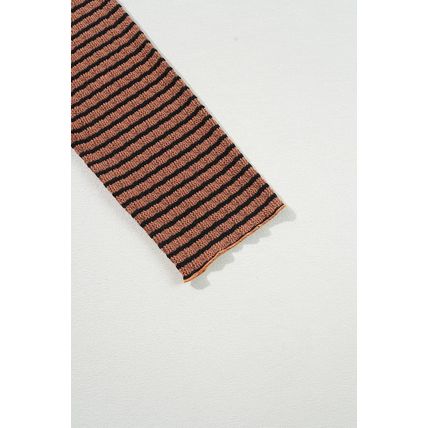 Brown Stripe Textured Frilly Trim Buttons Henley Long Sleeve Top