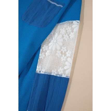 Sky Blue Lace Floral Patchwork Sleeve Stitching V Neck Rib Knit Blouse