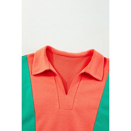 Grapefruit Orange Color Block Patchwork Collared V Neck Loose Top