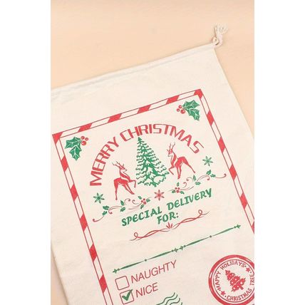 White Merry Christmas Elk Print Drawstring Gift Sack