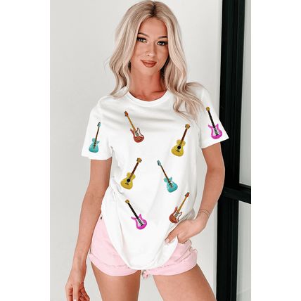 White Guitar Patched Graphic Crew Neck Tee