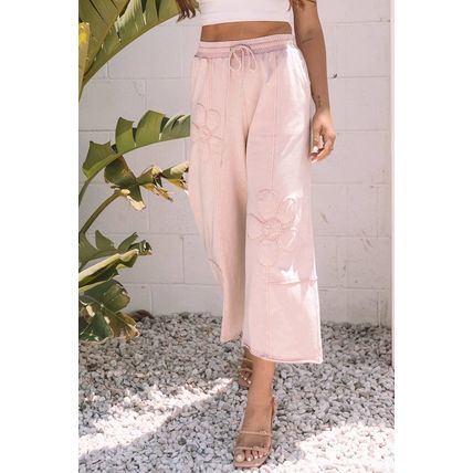 Pink Flower Patch Mineral Washed Terry Knit Cropped Wide Leg Pants