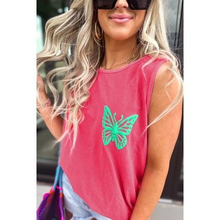 Sachet Pink Butterfly Graphic Casual Tank Top