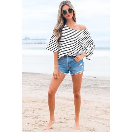 Black Stripe Half Sleeve Scoop Neck Loose Top