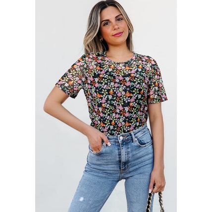 Black Sheer Floral Mesh Round Neck T Shirt
