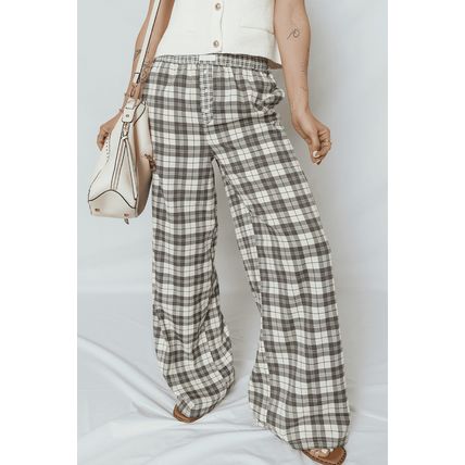 Gray Plaid Wide Leg Casual Pants