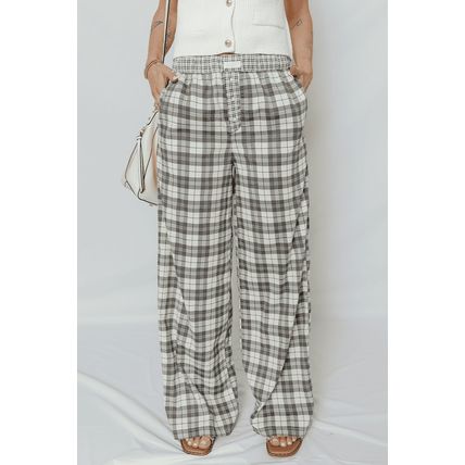 Gray Plaid Wide Leg Casual Pants