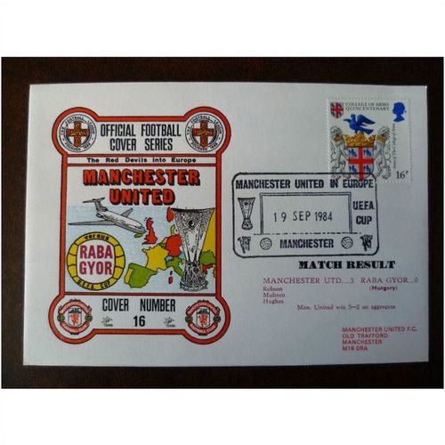 1984 Manchester United v Raba Gyor Dawn Football Cover 16 stamp UEFA Cup soccer