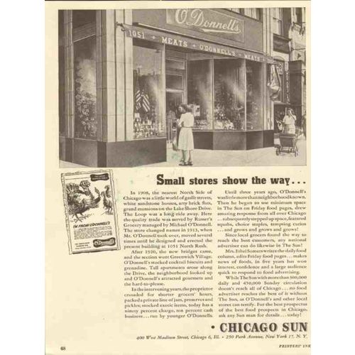 chicago sun 1947 small stores odonnell meats grocery media vintage ad