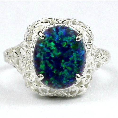 Created Blue/Green Opal, 925 Sterling Silver Antique Style Filigree Ladies Ring,