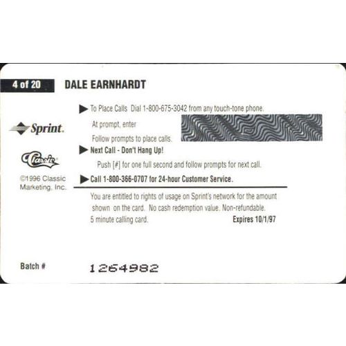 1996 Assets Clear $5 Dale Earnhardt Phone Card #4 of 20
