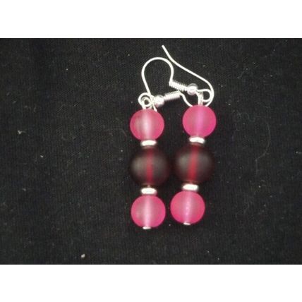 Frosted cerise pink over frosted red glass dangle earrings