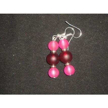 Frosted cerise pink over frosted red glass dangle earrings