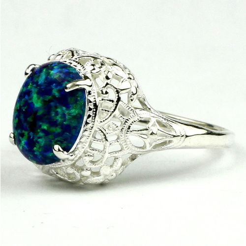 Created Blue/Green Opal, 925 Sterling Silver Antique Style Filigree Ladies Ring,