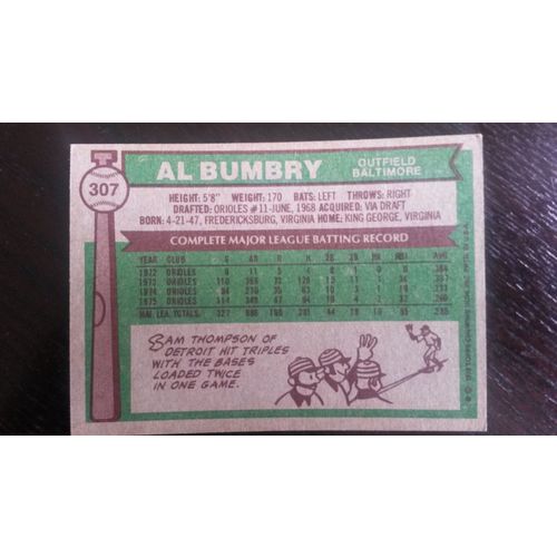 1976 Topps Card # 307 Al Bumbry Very Good (3) Baltimore Orioles
