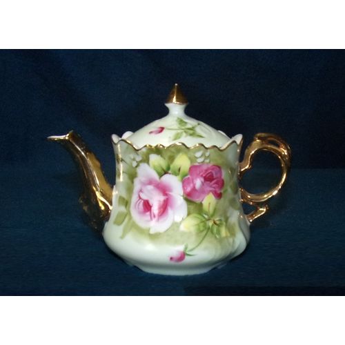 Lefton Green Heritage mini teapot 6710 pink rose good vintage