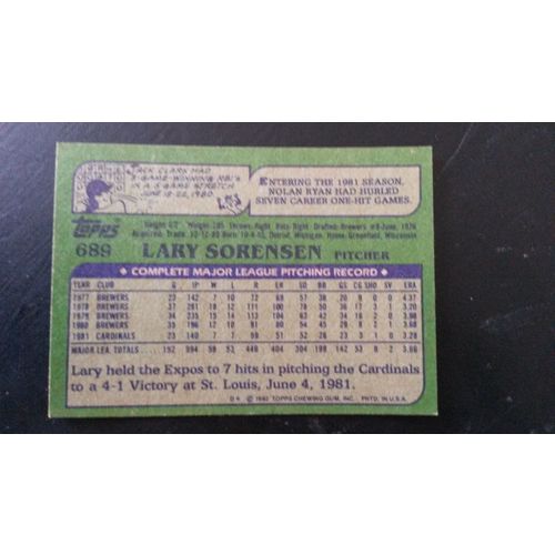 1982 Topps Card # 689 Lary Sorensen Very Good-Excellent (4) St Louis Cardinals