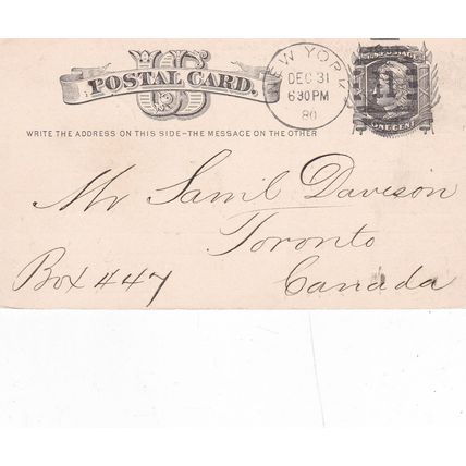 United States 1880 New York to Toronto Howard Bros&Read 1c Postal card VGC