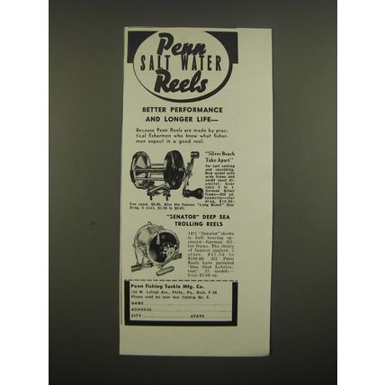 1938 Penn Salt Water Reels Ad - Silver Beach Take Apart, Senator Deep Sea