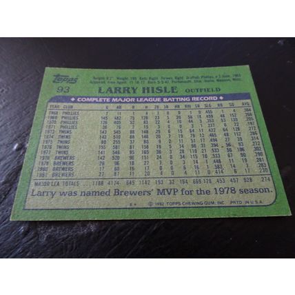 1982 Topps Card # 093 Larry Hisle Excellent (5) Milwaukee Brewers