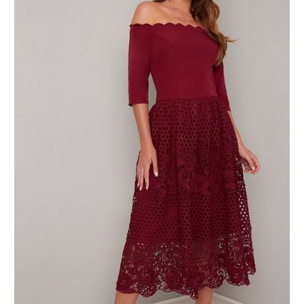 Chi Chi London Crochet Bardot Occasion Evening Prom Dress 8 Burgundy