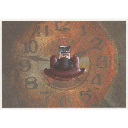 Man Inside Giant Clock On Computer Carpet Art Rare German Postcard