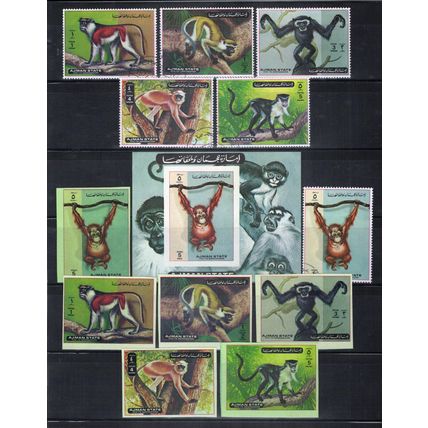 Ajman 2925-2930 AB Block A 530 B MH/CTO Monkeys Wildlife Animals ZAYIX 0424M0080