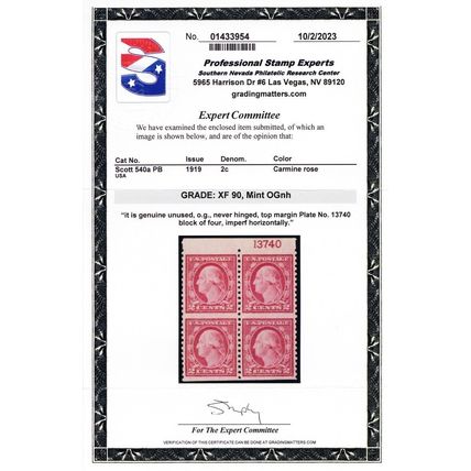 540a, Mint NH XF 2¢ Plate Block - With PSE Graded 90 Certificate - Stuart Katz