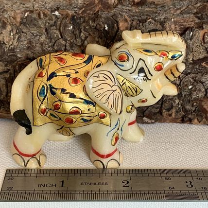 Marble Elephant Statue Trunk Up Hand Painted Indian Art home Decor Sculpture 3"