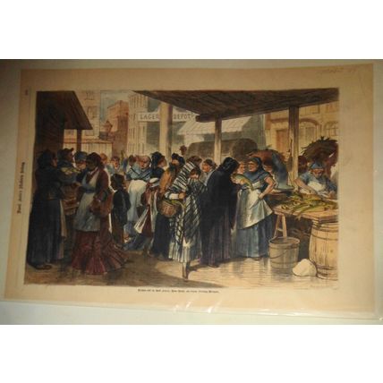 Women's Fish Market in Oak Street NYC Hand-colored 1875 Frank Leslie's german ed