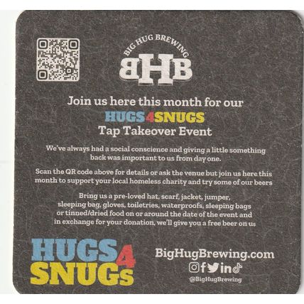 BEER MAT - BIG HUG BREWING - HUGS & SNUGS - (Cat No 008) - (2022)