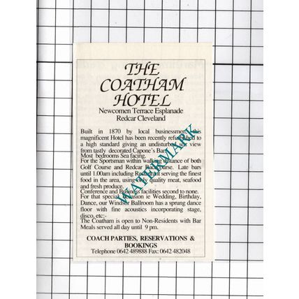 The Coatham Hotel Redcar Cleveland - 1990 Small Advert