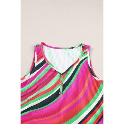 Purple Wavy Striped Buttoned V Neck Tank Top