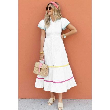 White Colorblock Rickrack Trim Short Sleeve Drawstring Waist Long Dress