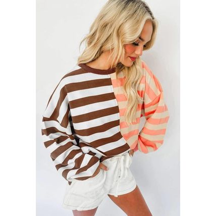 Brown Stripe Color Block Drop Shoulder Pullover Sweatshirt