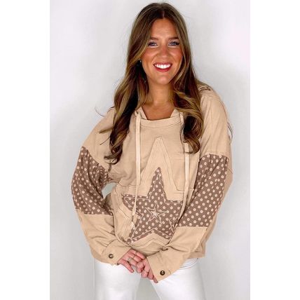 Apricot Floral Patchwork Star Pattern Drawstring Hoodie