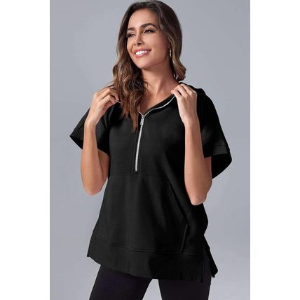 Black Half Zipper Kangaroo Pocket Short Sleeve Hoodie