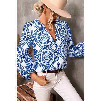 Sky Blue Vintage Geometric Printed Puff Sleeve Slit V Neck Shirt