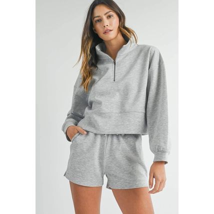 Light Grey Stand Neck Zipped Sweatshirt and Shorts Set