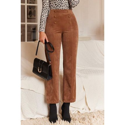 Chestnut Solid Color Double Breasted Straight Leg Pants