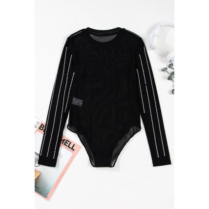 Black Rhinestone Decor Striped Mesh Long Sleeve Bodysuit