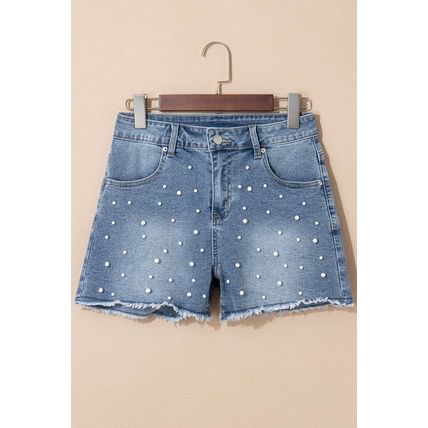 Dusk Blue Pearl Beaded Raw Hem Medium Wash Denim Shorts