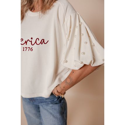 White America EST 1776 Embroidered Pearl Beaded Sleeve T Shirt