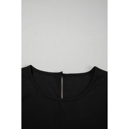 Black Ruffle Trimmed 3/4 Sleeve Round Neck Blouse