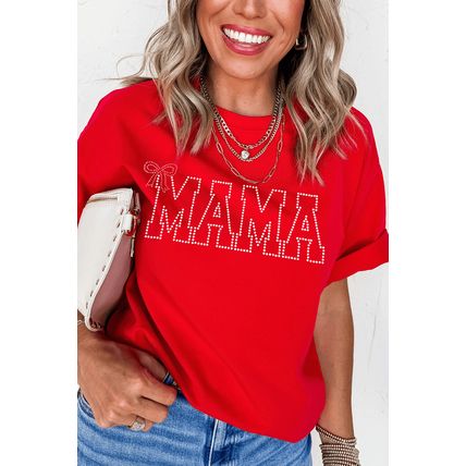 Red Rhinestone MAMA Bow Knot Pattern Crew Neck Loose Tee