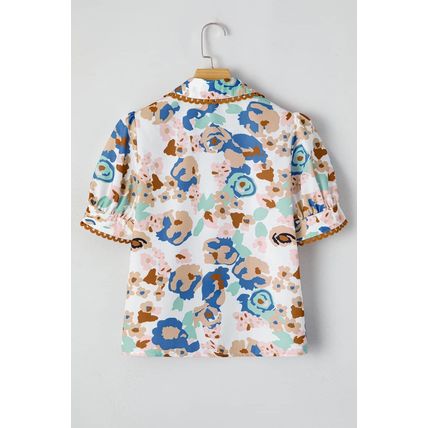 Multicolour Floral Print Ricrac Trim Collared Puff Short Sleeve Shirt