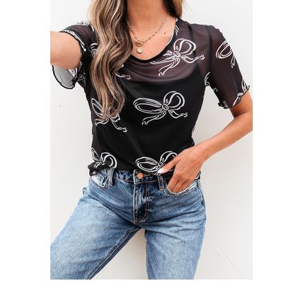 Black Bow Printed Mesh Short Sleeve Top