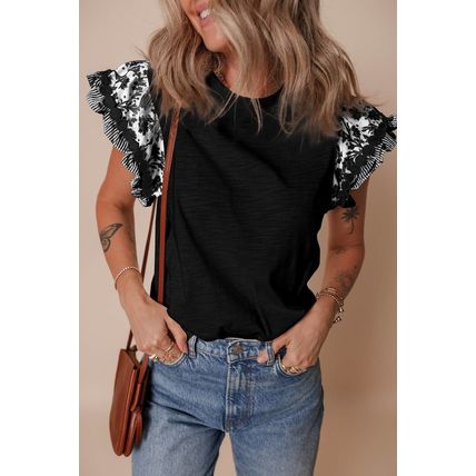 Black Ricrac Trim Printed Flutter Sleeve Contrast Patchwork Blouse