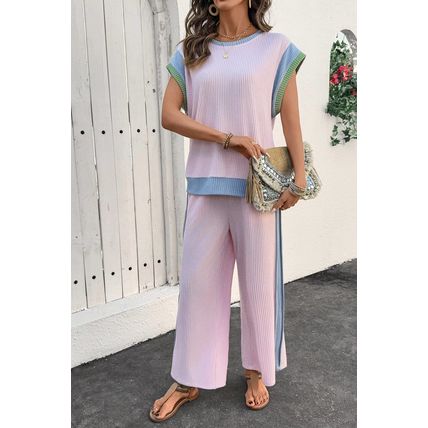 Pink Corded Colorblock Patchwork Short Sleeve Top and Loose Pants Set